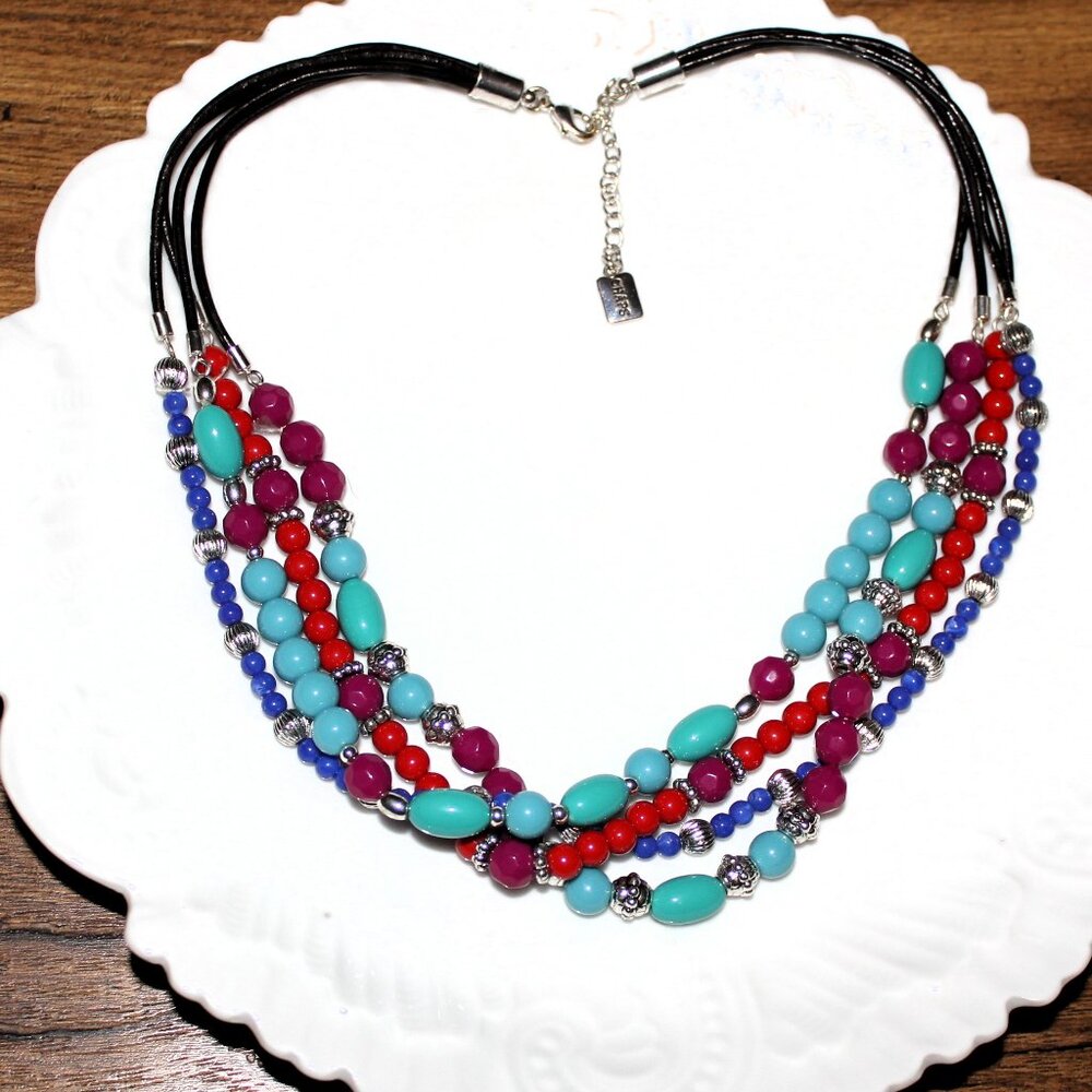 Chaps Spring Summer Vibrant Multicolor Layered Beaded Statement Necklace